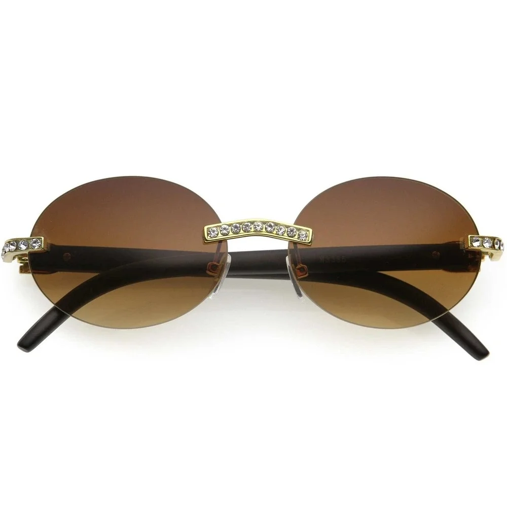 Rimless Sunglasses Oval Lens Wood Grain Frame Rhinestone Accents‎ Men Gafas 2026